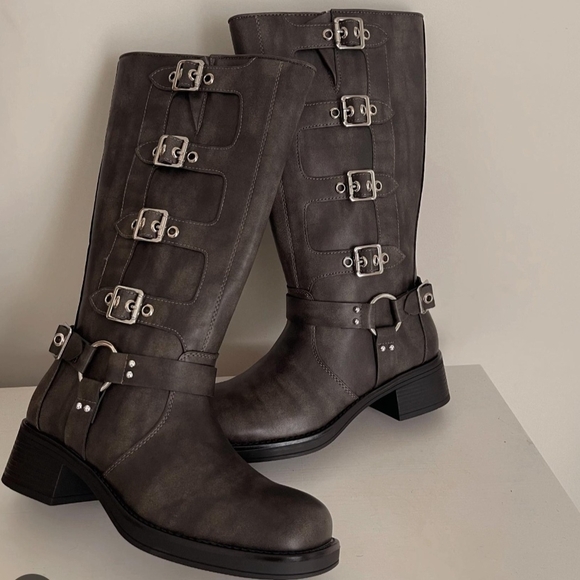 JustFab Shoes - JustFab Dark Gray Combat Boots with Buckles